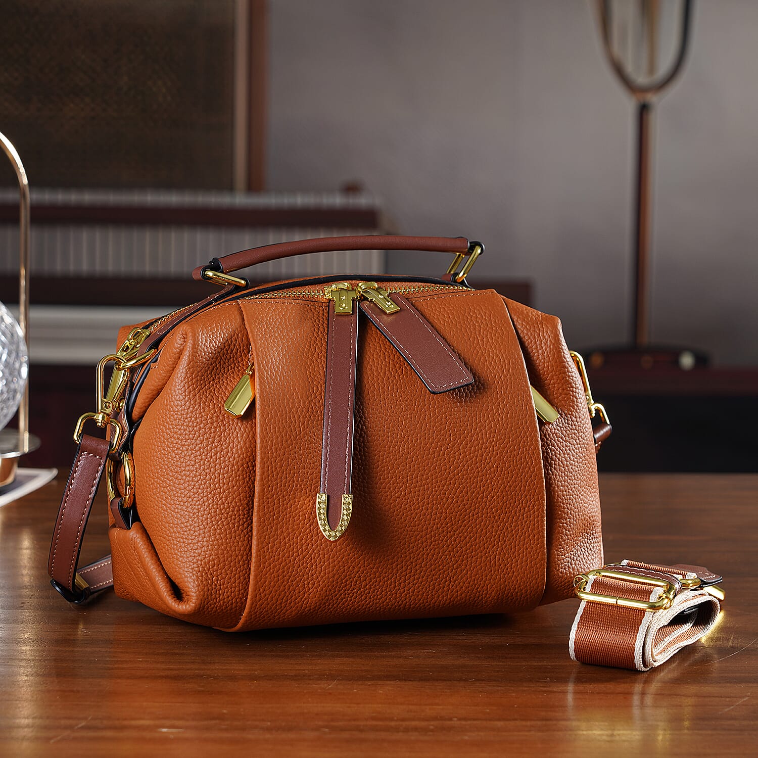 One Time Deal - Genuine Leather Crossbody Dual Section Fully Lined Bag With Adjustable Fabric Strap and Adjustable Leather Strap With Buckle - Tan