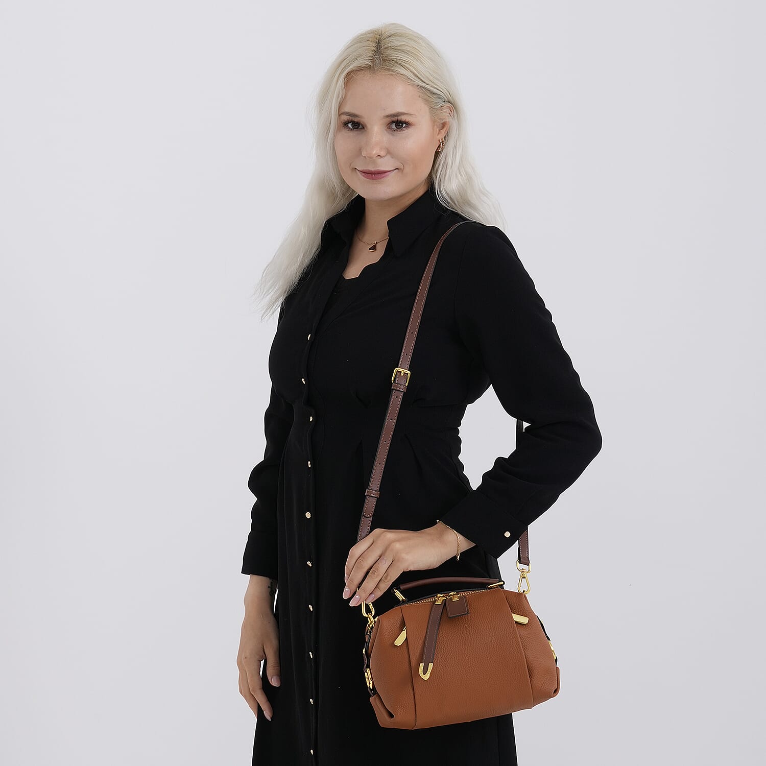 One Time Deal - Genuine Leather Crossbody Dual Section Fully Lined Bag With Adjustable Fabric Strap and Adjustable Leather Strap With Buckle - Tan