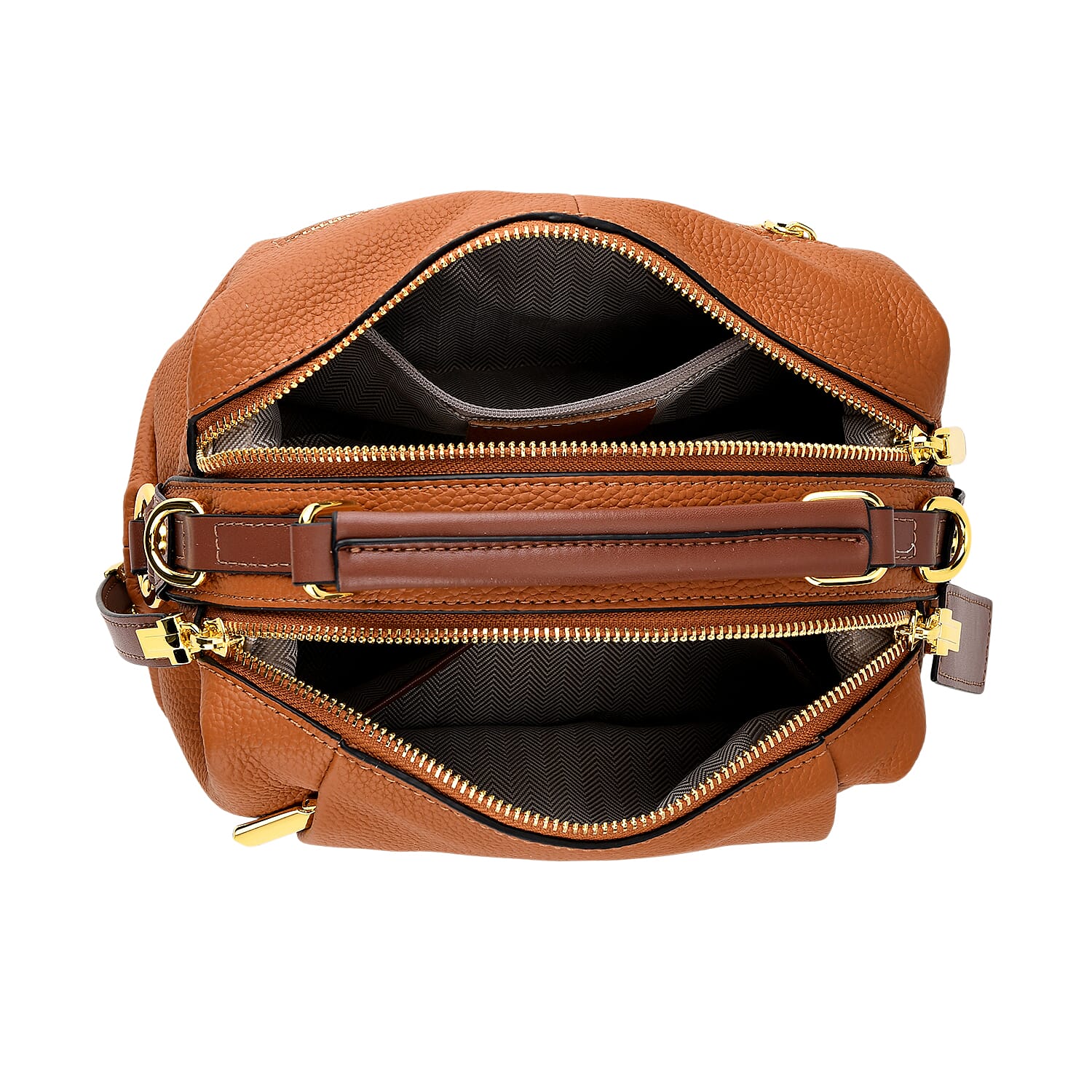 One Time Deal - Genuine Leather Crossbody Dual Section Fully Lined Bag With Adjustable Fabric Strap and Adjustable Leather Strap With Buckle - Tan