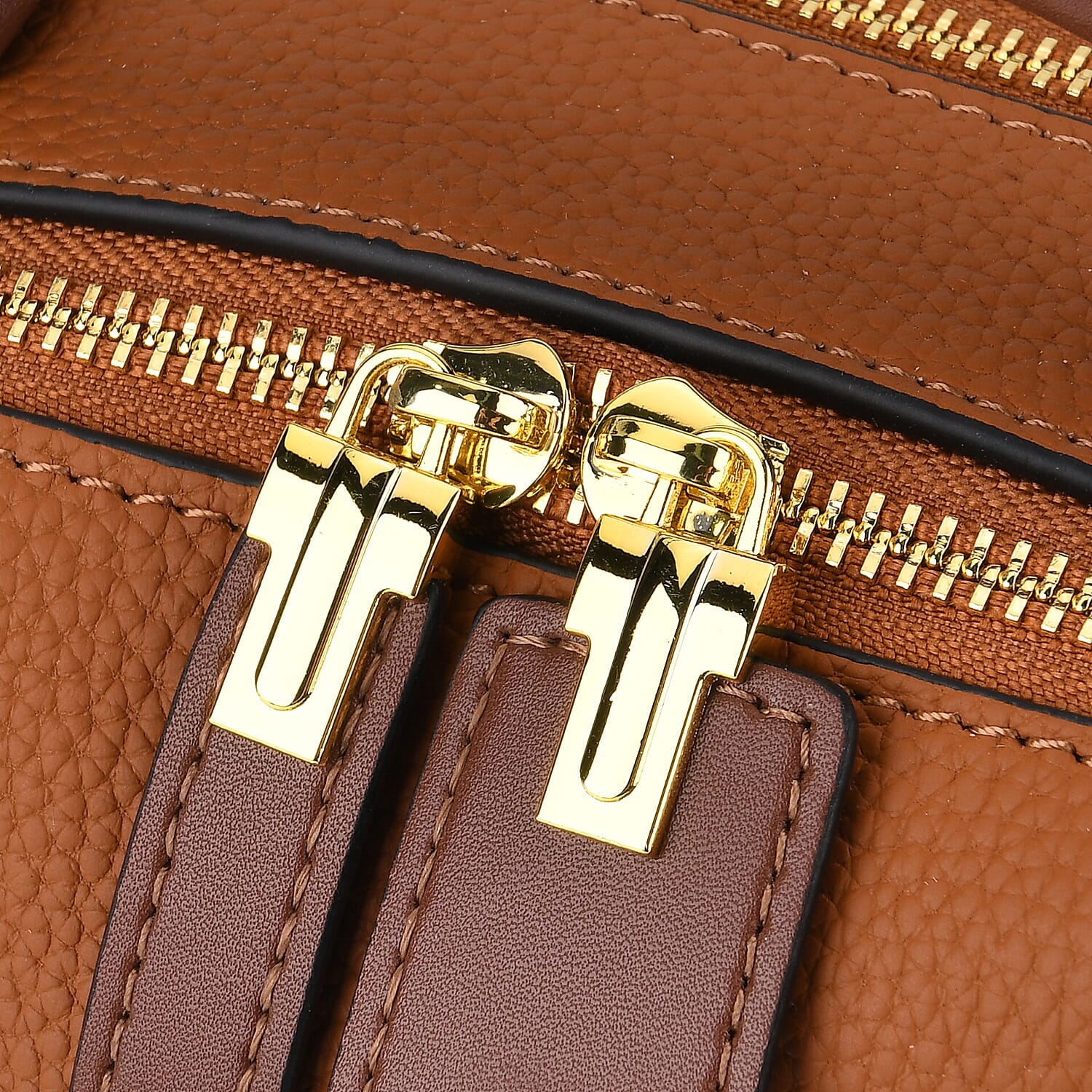 One Time Deal - Genuine Leather Crossbody Dual Section Fully Lined Bag With Adjustable Fabric Strap and Adjustable Leather Strap With Buckle - Tan