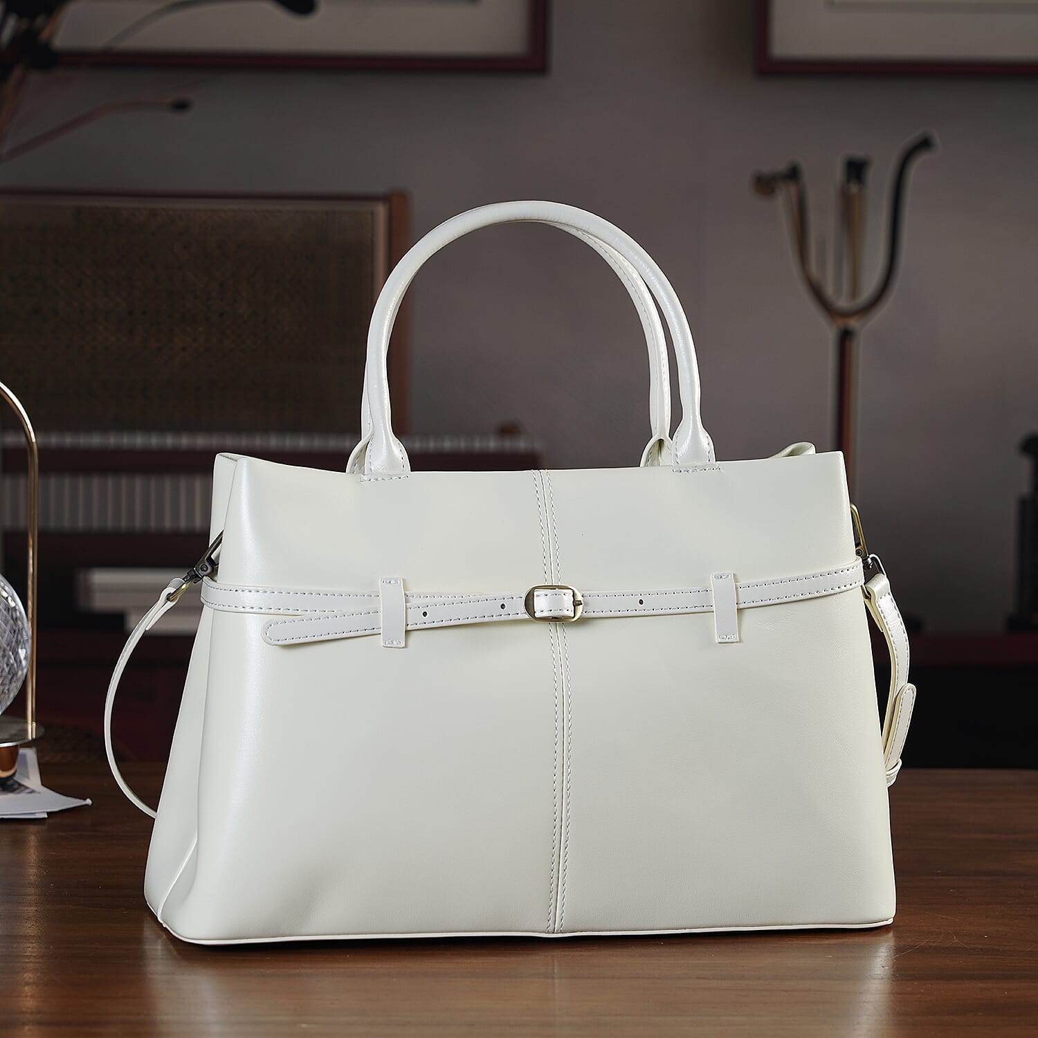 Designer Inspired- 100% Genuine Leather Tote  Bag - Ivory