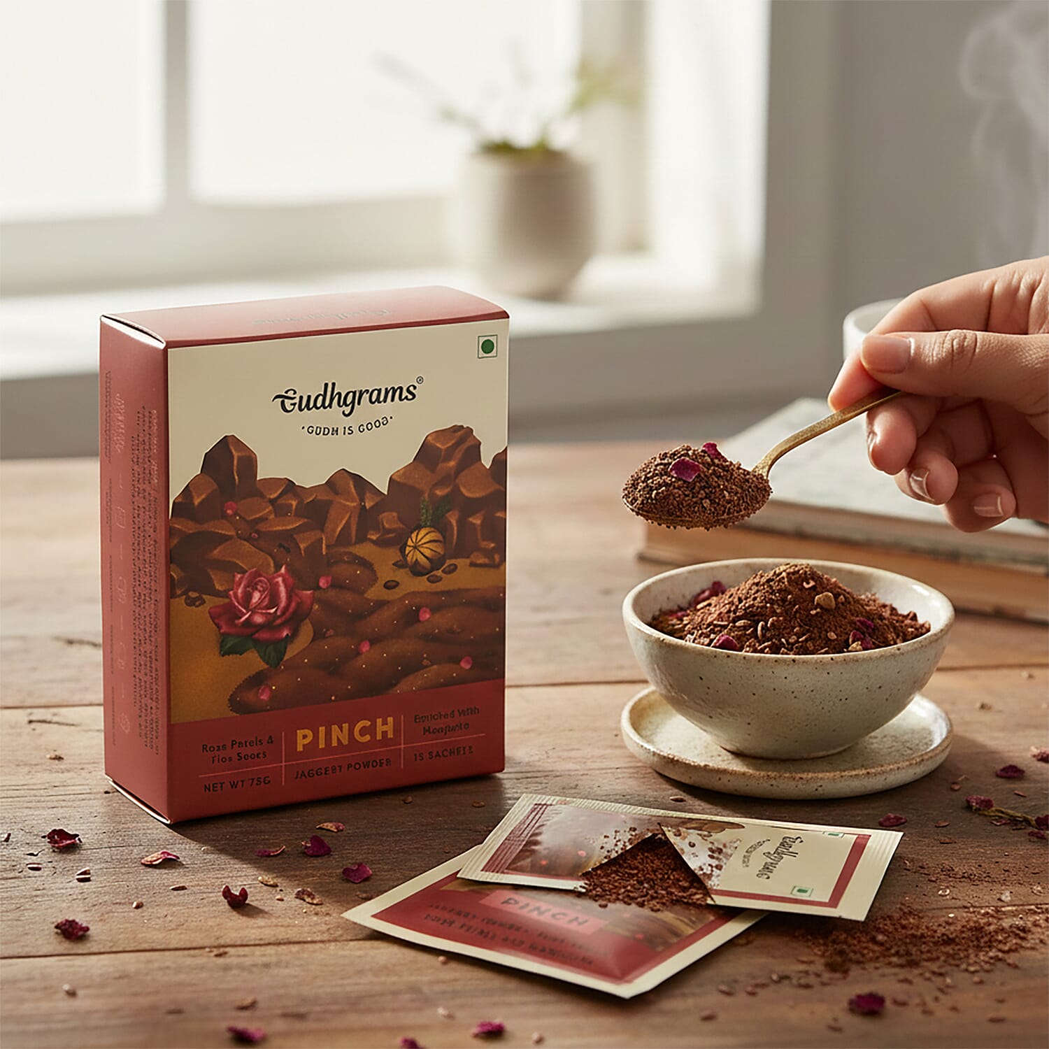 NEW LAUNCH- Gudhgrams PINCH Rose Petals - Flax Seeds Jaggery Powder
