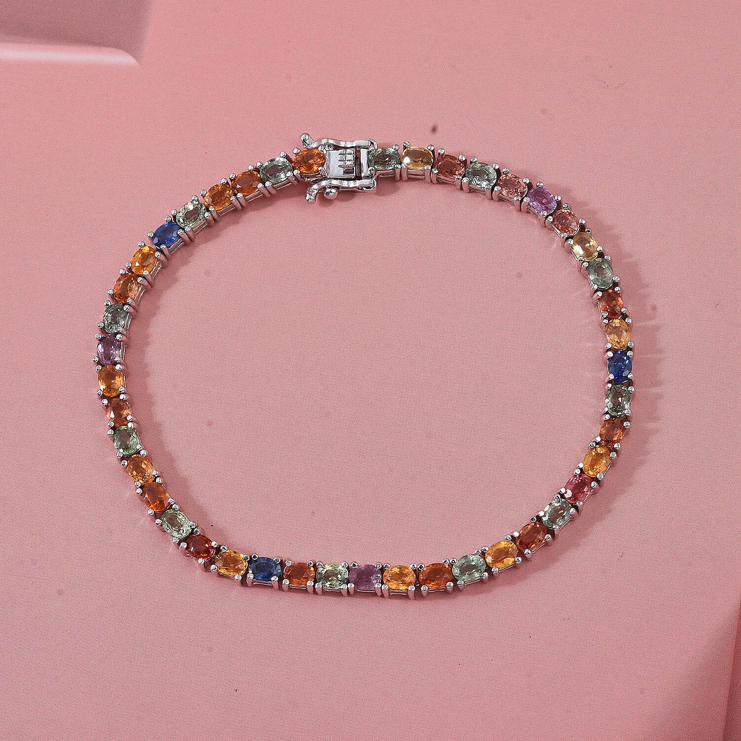 D'Joy Blue Sapphire, Pink Sapphire, Multi Sapphire Bracelet (Size - 7.5) in Rhodium OverlaySterling Silver, Silver Wt.9 Gms  10.080  Ct.