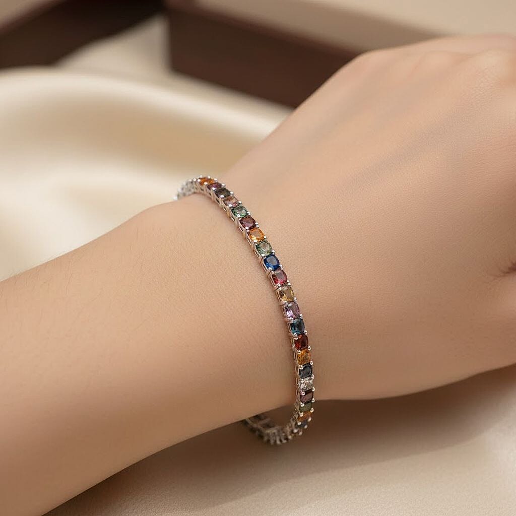 D'Joy Blue Sapphire, Pink Sapphire, Multi Sapphire Bracelet (Size - 7.5) in Rhodium OverlaySterling Silver, Silver Wt.9 Gms  10.080  Ct.