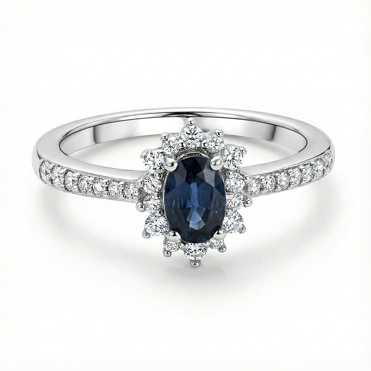 D'Joy Natural Parti Sapphire, White Zircon Halo Ring in Rhodium Overlay Sterling Silver 1.16 Ct.