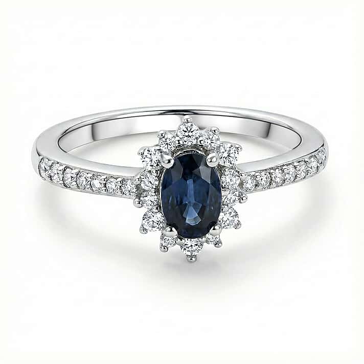 D'Joy Natural Parti Sapphire, White Zircon Halo Ring in Rhodium Overlay Sterling Silver 1.16 Ct.