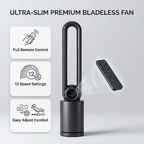 Bladeless Tower Fan & Air Purifier with HEPA 13 Filter and 12 Wind Speed Settings With Remote Control 28W- Less Than 1p per hour electricity (Size 22x105 cm)