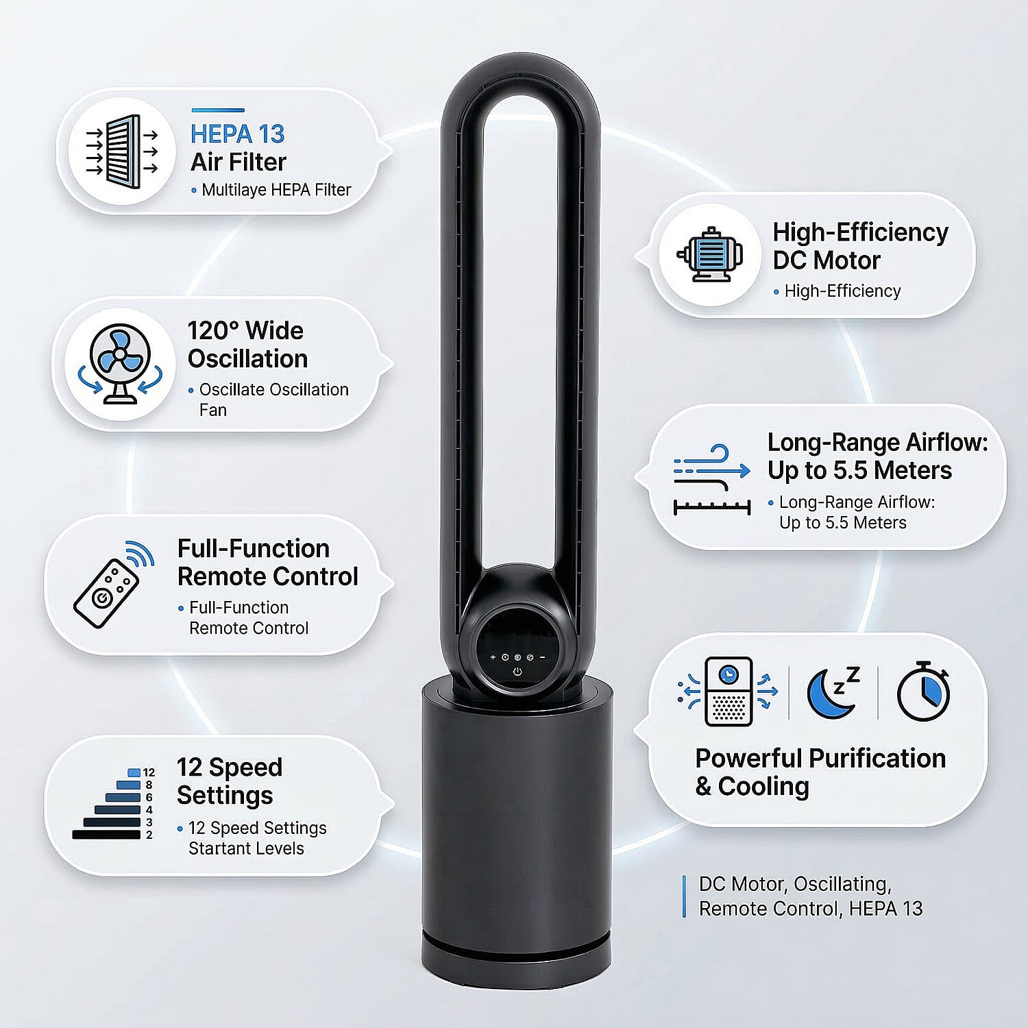 Bladeless Air Purifying Cooling Tower Fan with HEPA 13 Filter (Size 22x105 cm) - Black