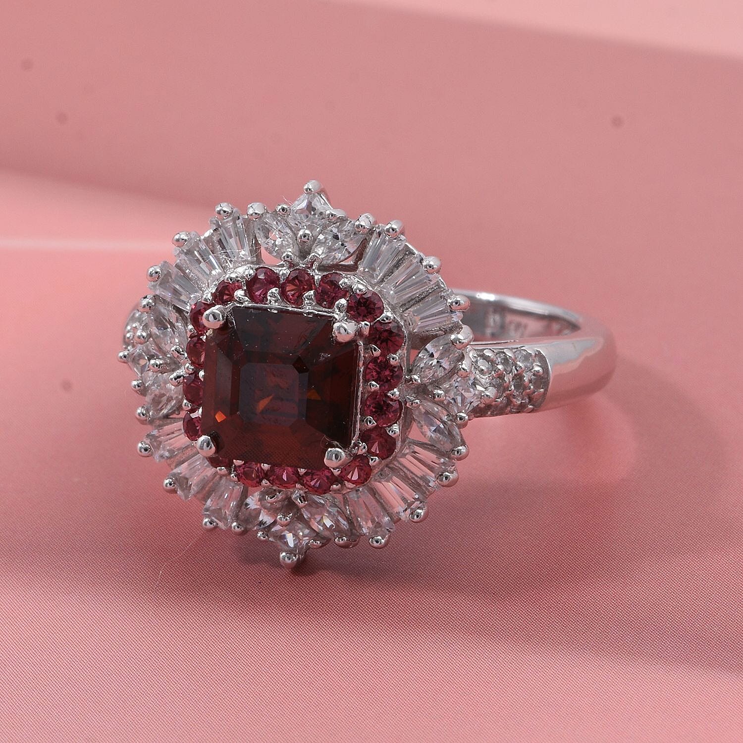 D'Joy Sunset Zircon, Red Sapphire, White Zircon Ring in Rhodium OverlaySterling Silver, Silver Wt.5 Gms  4.590  Ct.