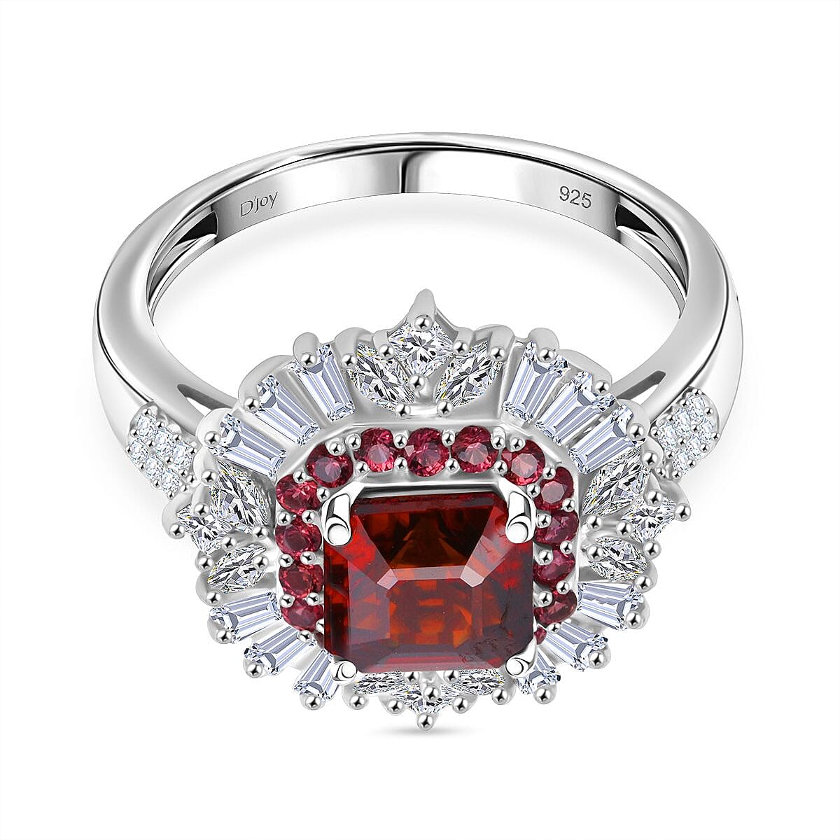 D'Joy - Sunset Zircon, Red Sapphire & White Zircon Halo Ring in Rhodium Overlay Sterling Silver 4.60 Ct.