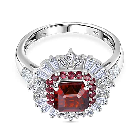 D'Joy - Sunset Zircon, Red Sapphire & White Zircon Halo Ring in Rhodium Overlay Sterling Silver 4.60 Ct.