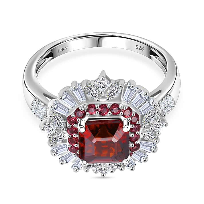 D'Joy - Sunset Zircon, Red Sapphire & White Zircon Halo Ring in Rhodium Overlay Sterling Silver 4.60 Ct.