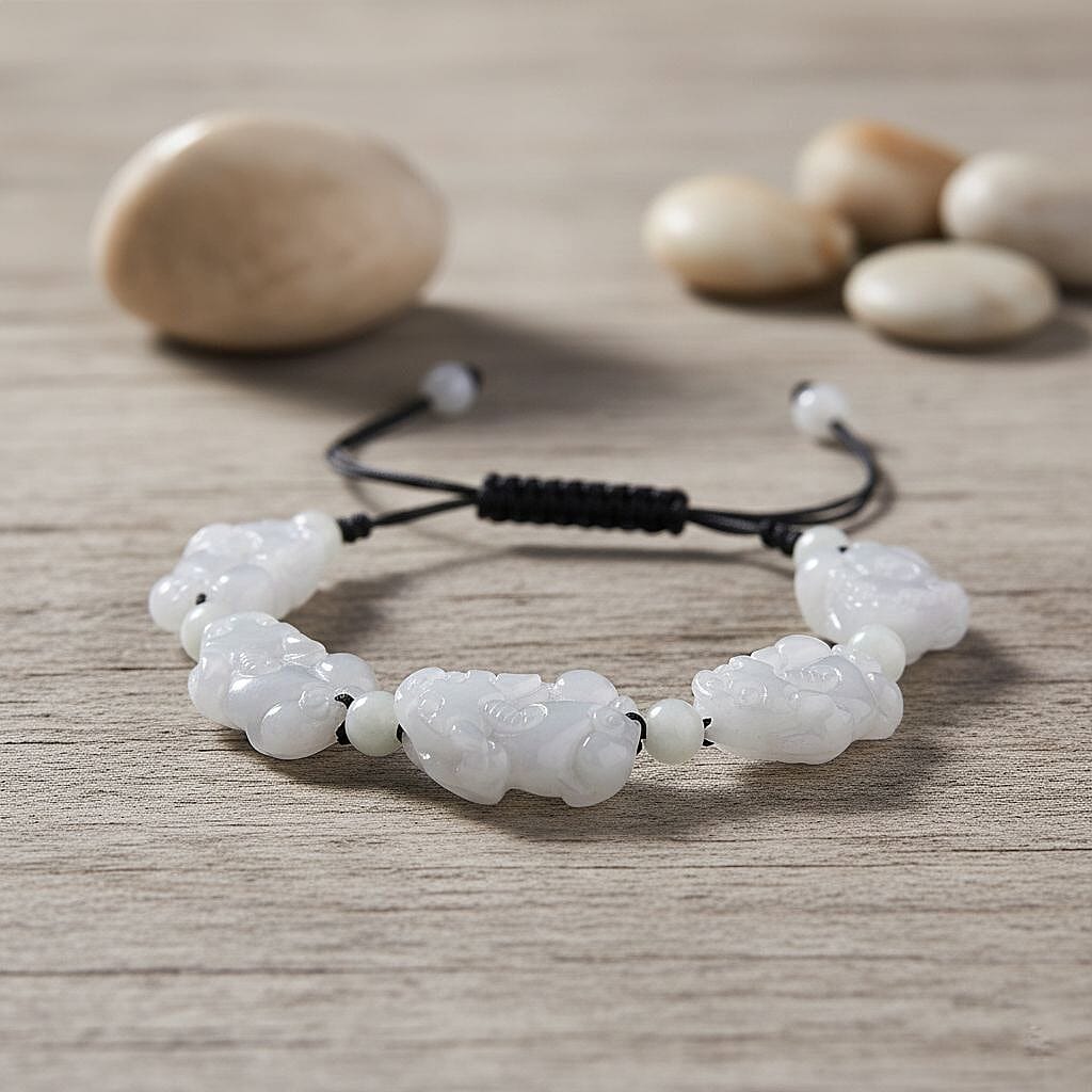 Natural White Jade Pixiu Carving Bracelet (Size 6 - 9 Inch) with Adjustable Cotton Thread 120.00 Ct