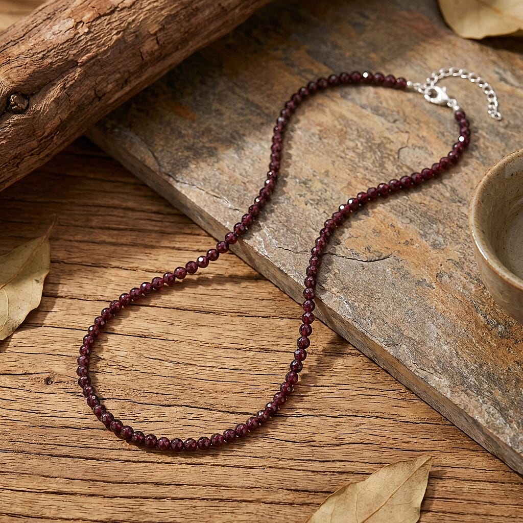 D'Joy Rhodolite Garnet Beads Necklace in Rhodium OverlaySterling Silver  60.000  Ct.