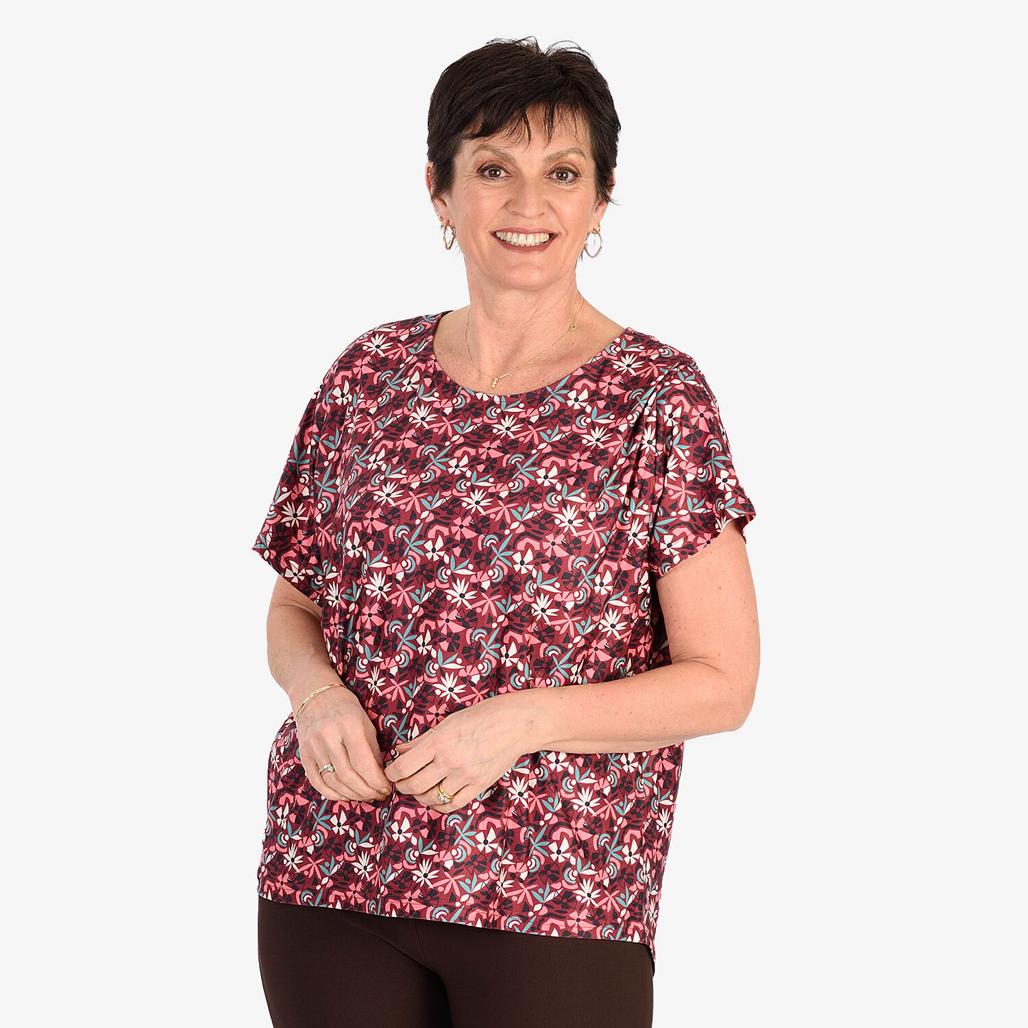 -Maisi Soft Touch Floral Dip Hem Top (One Size) - Burgundy