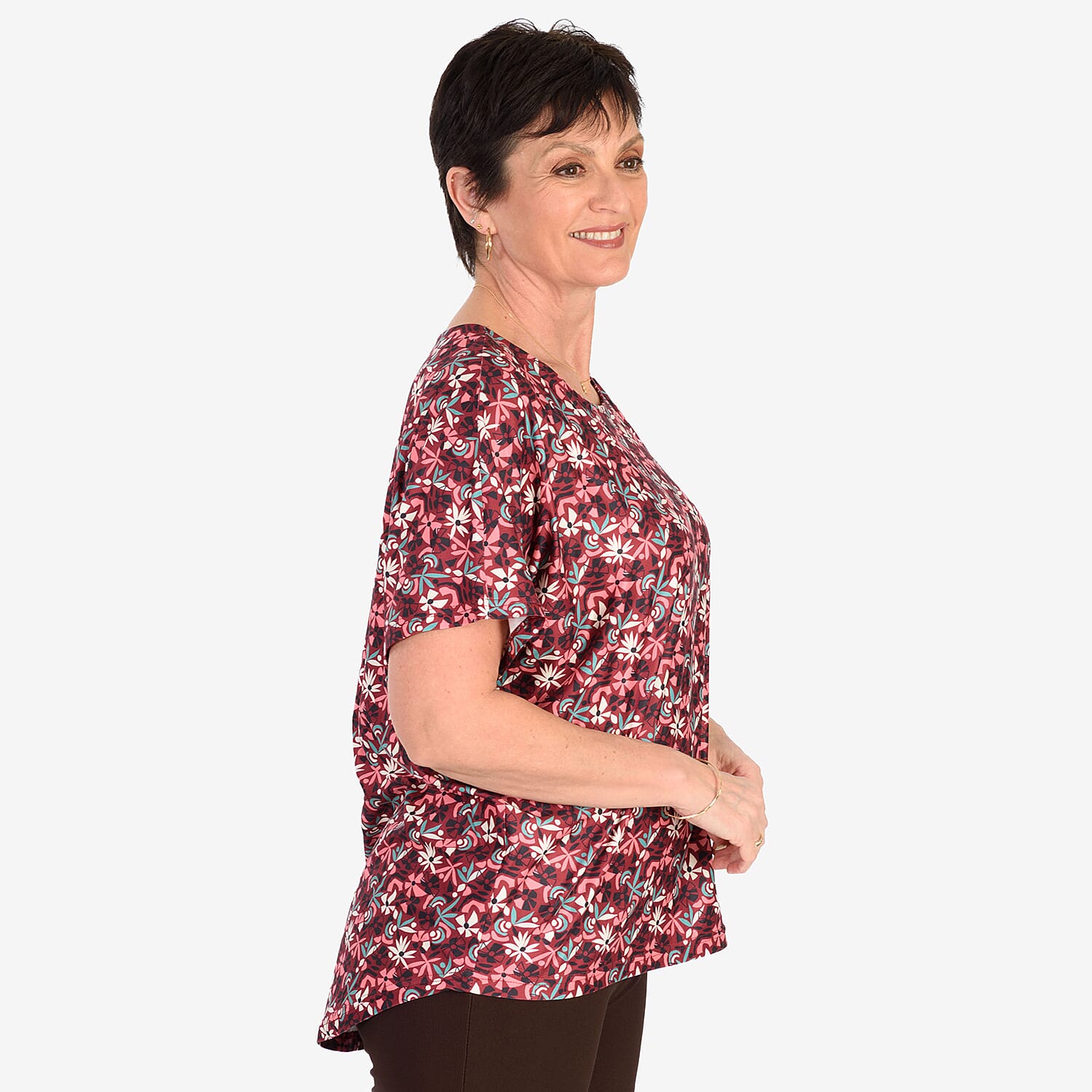 -Maisi Soft Touch Floral Dip Hem Top (One Size) - Burgundy