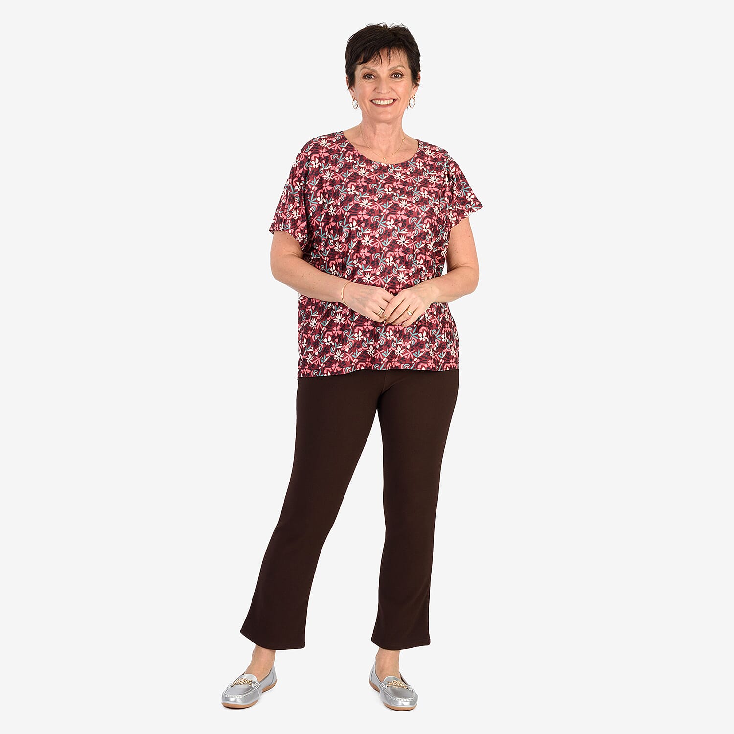 -Maisi Soft Touch Floral Dip Hem Top (One Size) - Burgundy