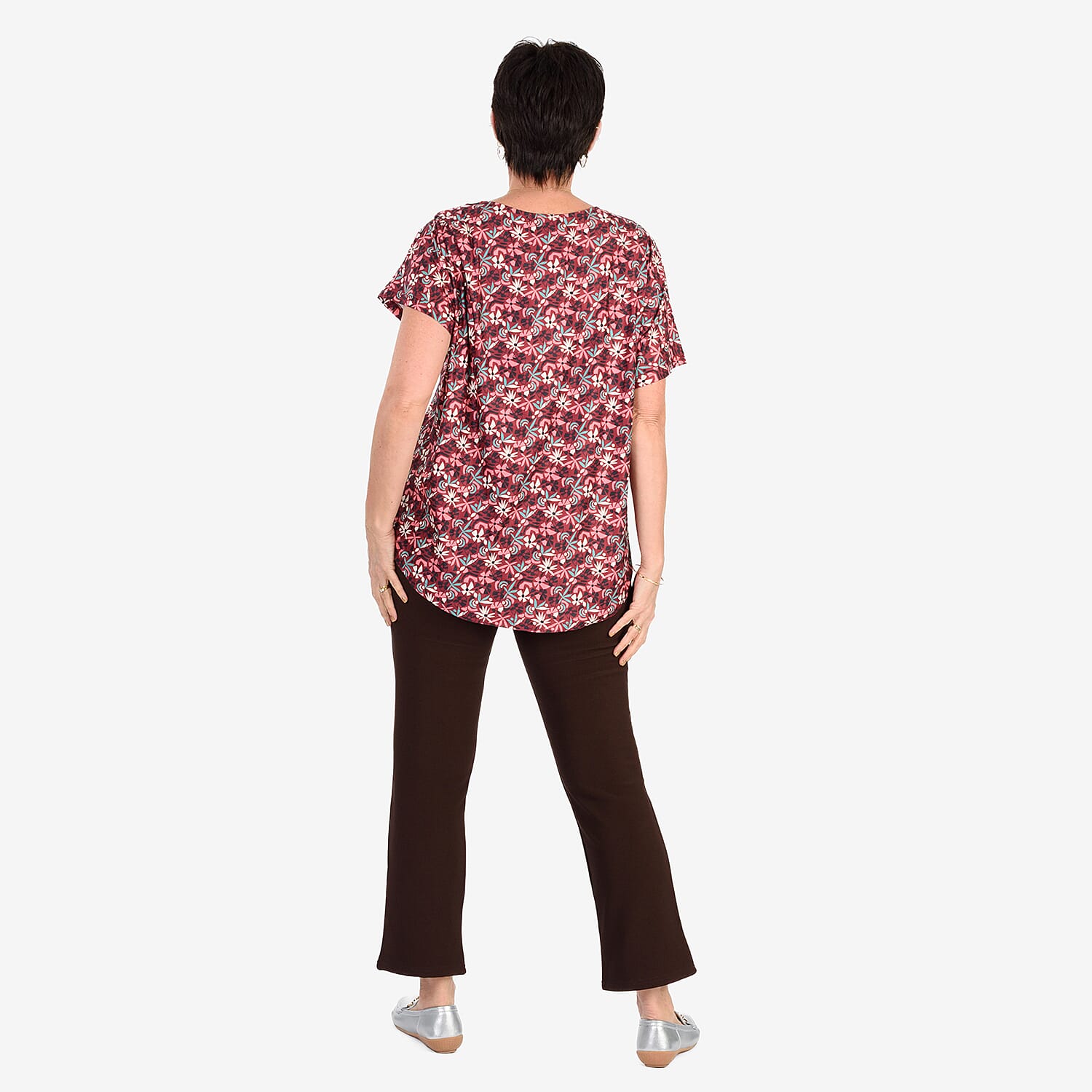 -Maisi Soft Touch Floral Dip Hem Top (One Size) - Burgundy