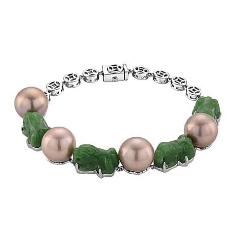 D'Joy Multi Color Edison Pearl Green Jade Pixiu Bracelet (Size - 7) in Rhodium Overlay Sterling Silver 86.00 Ct, Silver Wt. 9.35 Gms