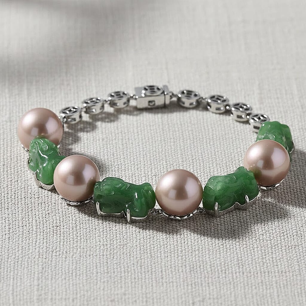 D'Joy Multi Color Edison Pearl Green Jade Pixiu Bracelet (Size - 7) in Rhodium Overlay Sterling Silver 86.00 Ct, Silver Wt. 9.35 Gms