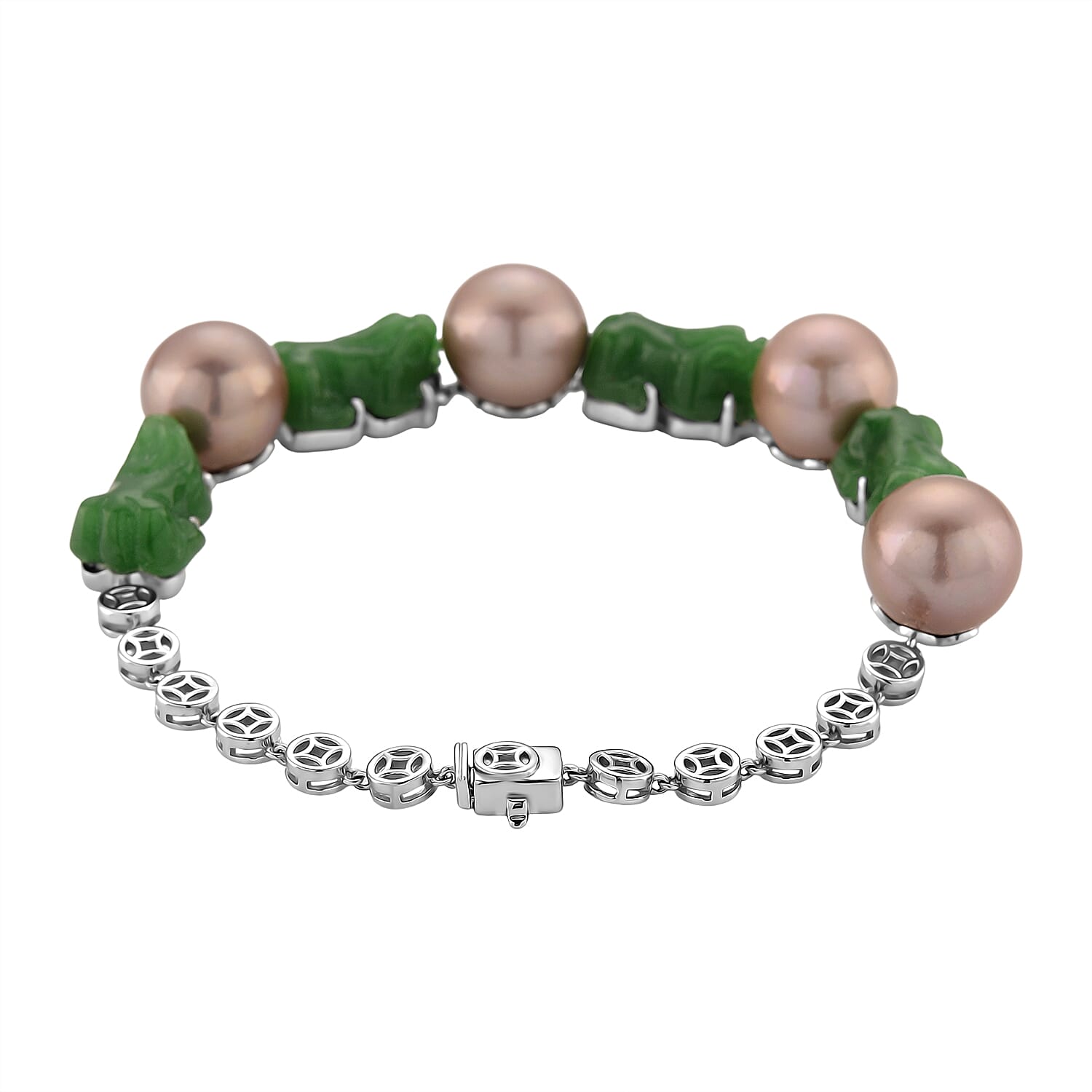 D'Joy Multi Color Edison Pearl Green Jade Pixiu Bracelet (Size - 7) in Rhodium Overlay Sterling Silver 86.00 Ct, Silver Wt. 9.35 Gms