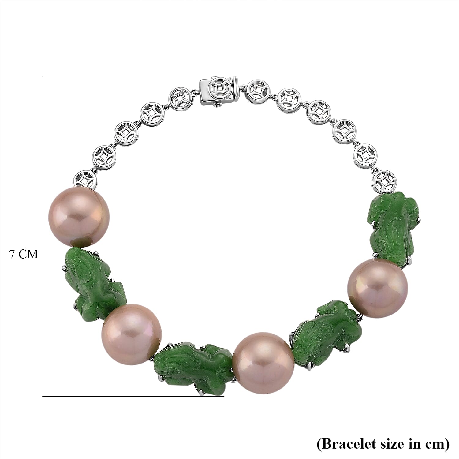 D'Joy Multi Color Edison Pearl Green Jade Pixiu Bracelet (Size - 7) in Rhodium Overlay Sterling Silver 86.00 Ct, Silver Wt. 9.35 Gms