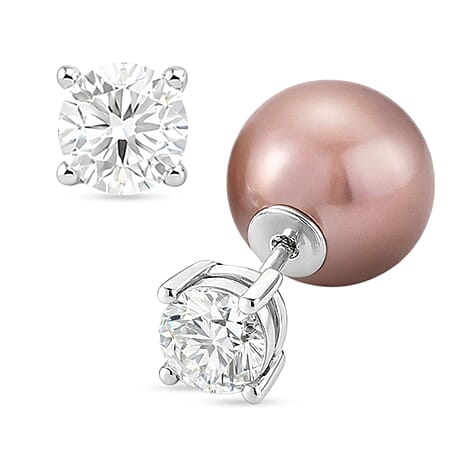 12 mm Edison Pearl and Moissanite Front Back Ball  Earring  in Rhodium Overlay Sterling Silver