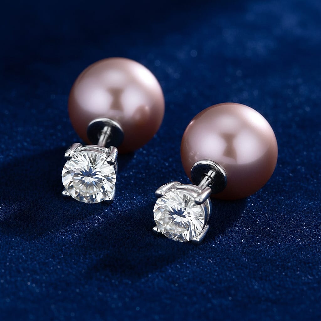 12 mm Edison Pearl and Moissanite Front Back Ball  Earring  in Rhodium Overlay Sterling Silver