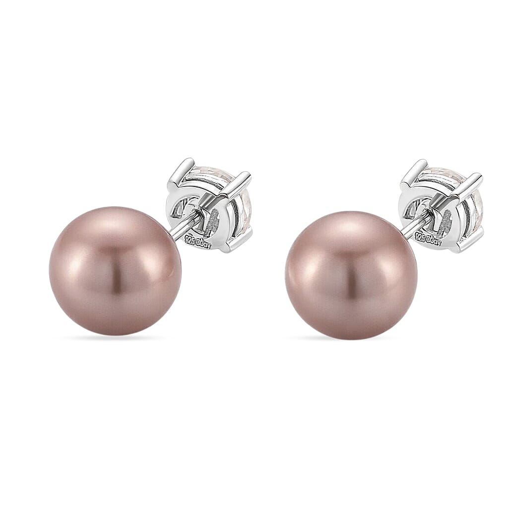 12 mm Edison Pearl and Moissanite Front Back Ball  Earring  in Rhodium Overlay Sterling Silver