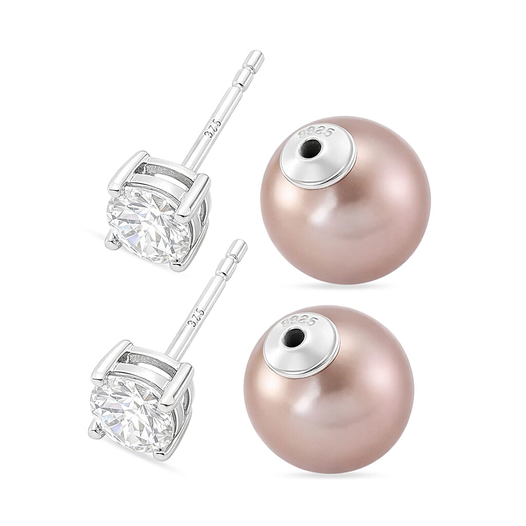 12 mm Edison Pearl and Moissanite Front Back Ball  Earring  in Rhodium Overlay Sterling Silver