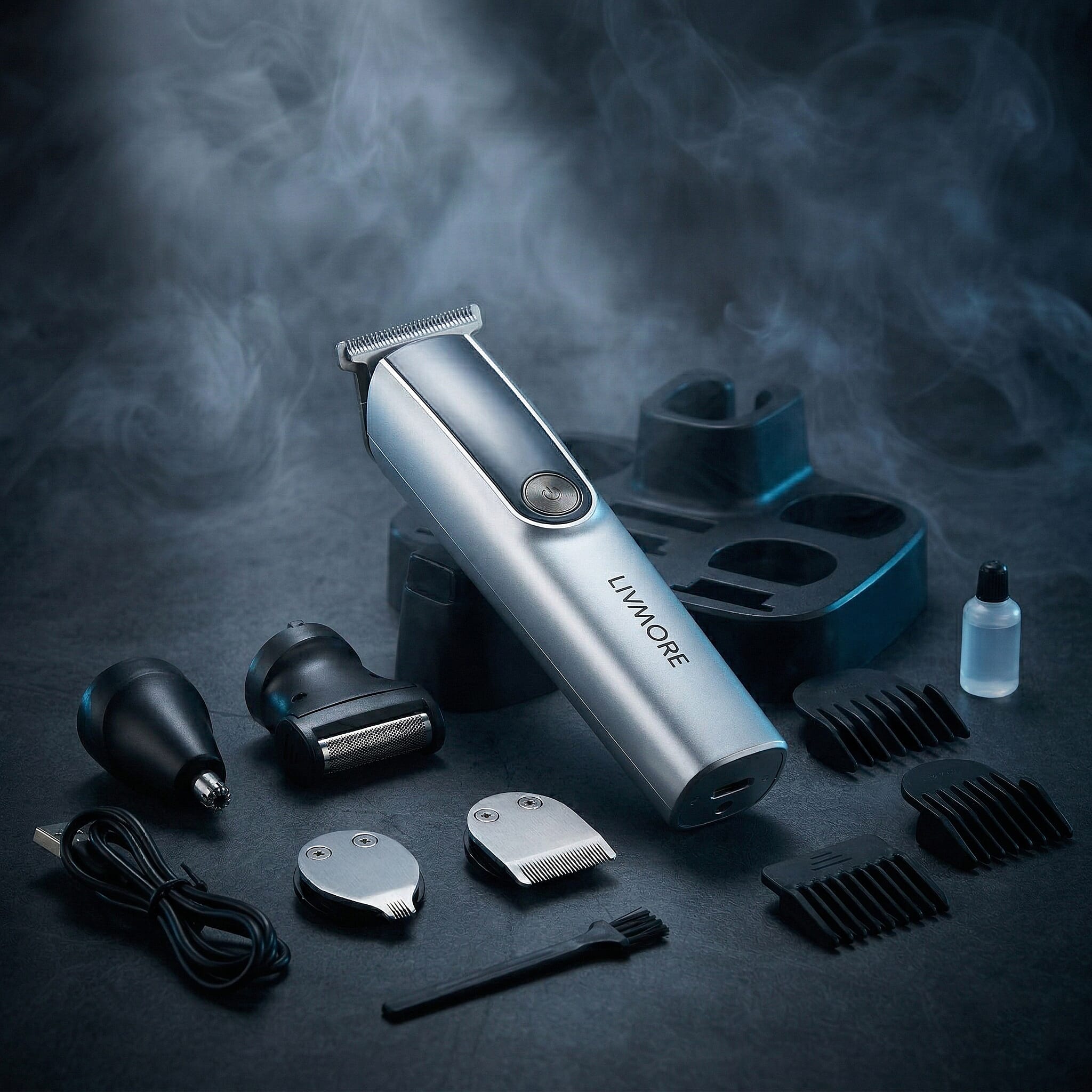 Livmore MS-806 5-in-1 Mens Grooming Kit - Professional Silver Cordless Hair Trimmer with LED Display, Rechargeable 90-Minute Lithium Battery Shaver
