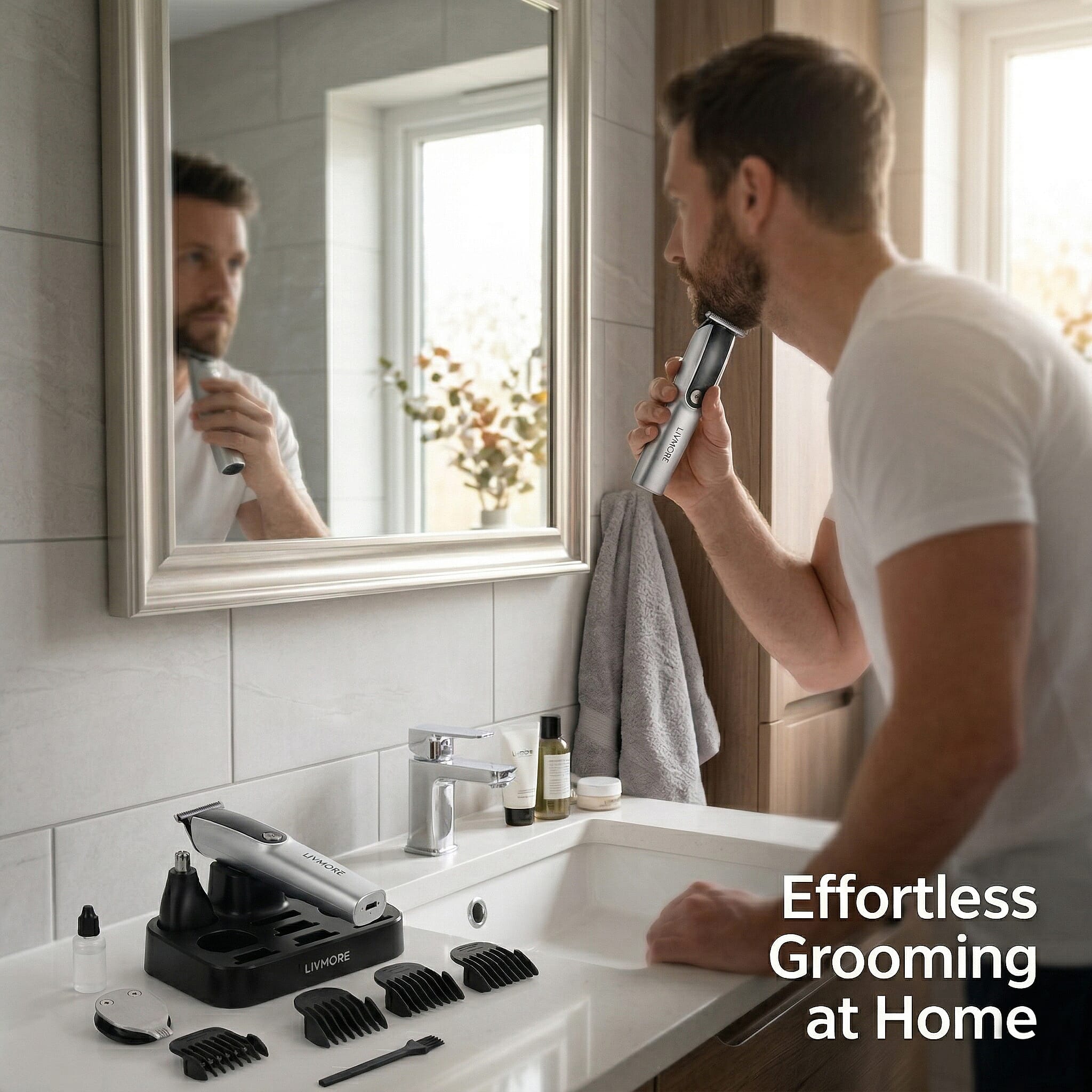 Livmore MS-806 5-in-1 Mens Grooming Kit - Professional Silver Cordless Hair Trimmer with LED Display, Rechargeable 90-Minute Lithium Battery Shaver