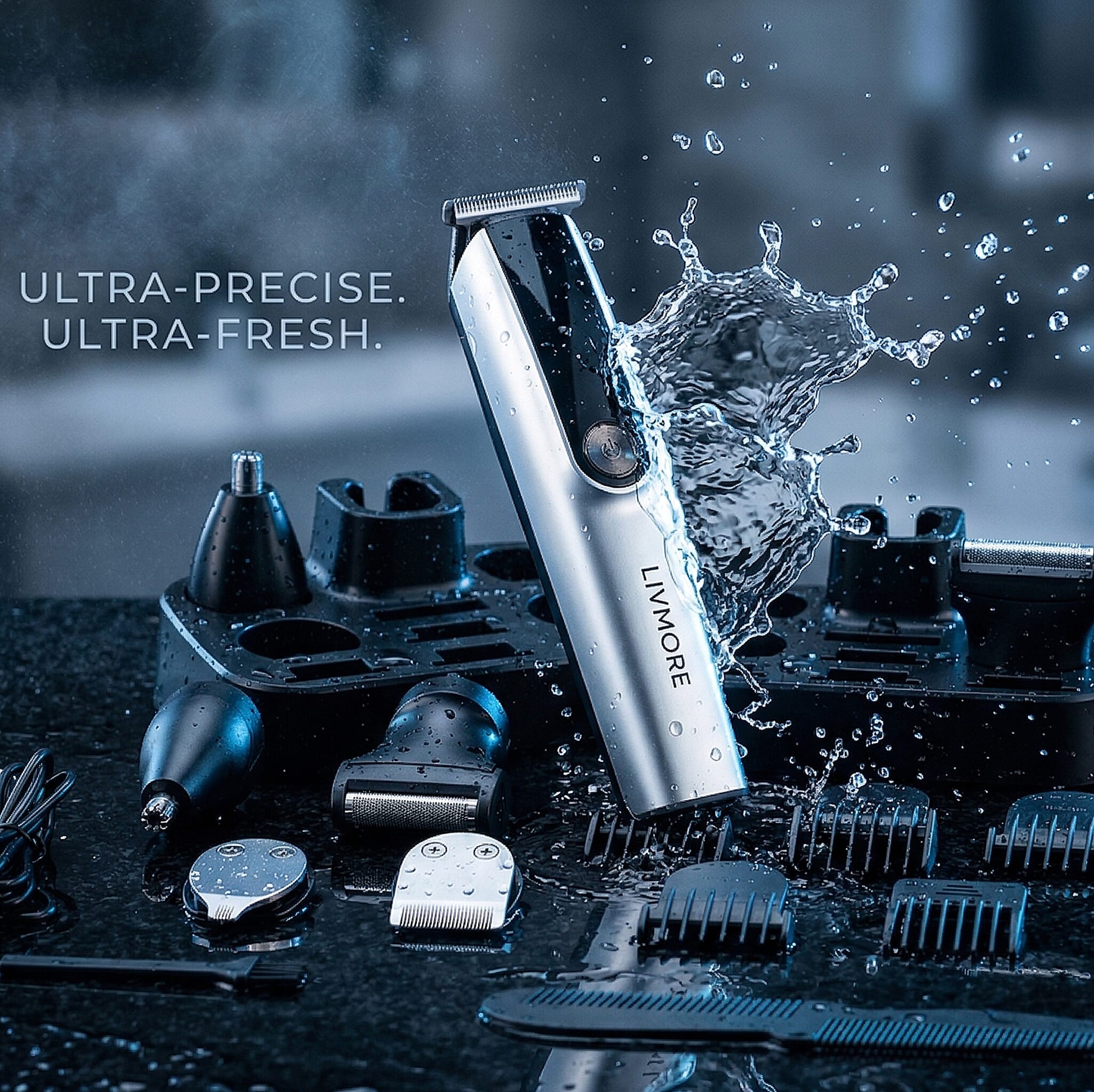 Livmore MS-806 5-in-1 Mens Grooming Kit - Professional Silver Cordless Hair Trimmer with LED Display, Rechargeable 90-Minute Lithium Battery Shaver