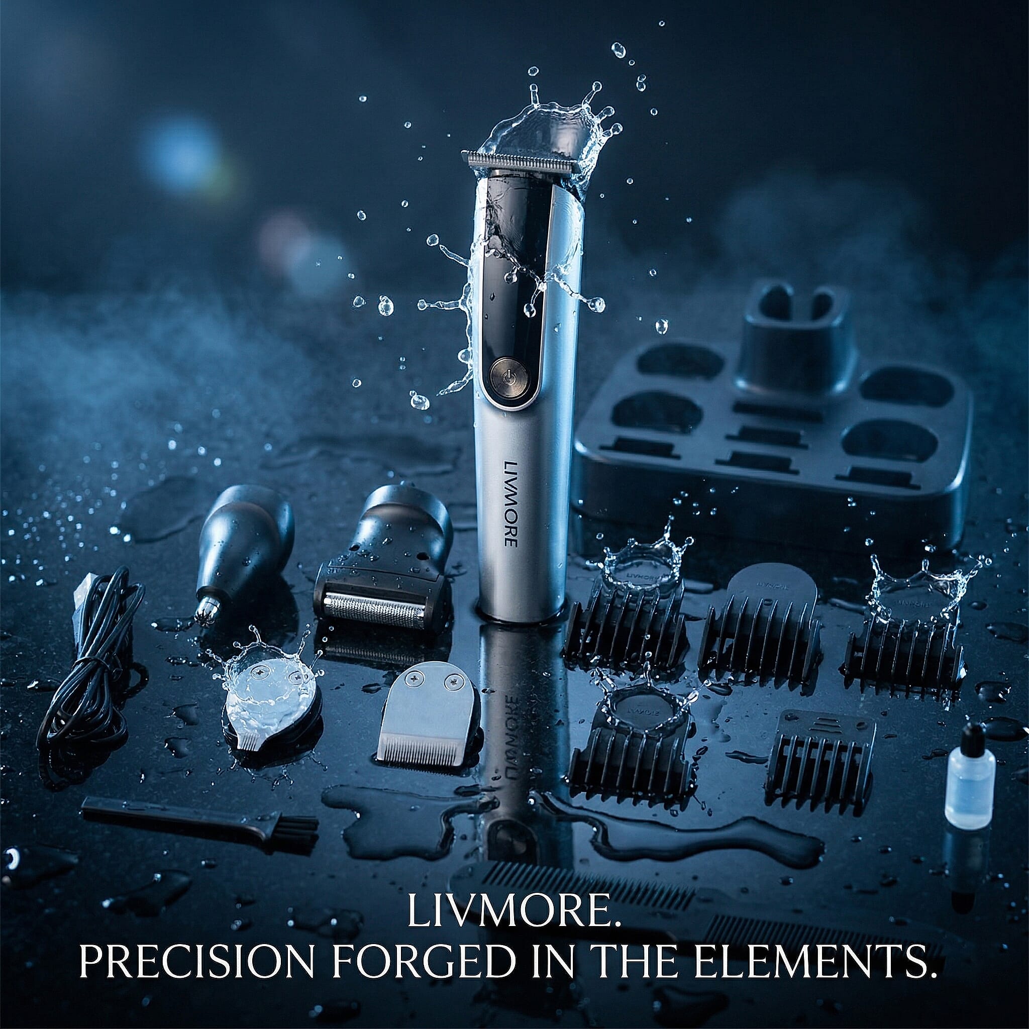 Livmore MS-806 5-in-1 Mens Grooming Kit - Professional Silver Cordless Hair Trimmer with LED Display, Rechargeable 90-Minute Lithium Battery Shaver