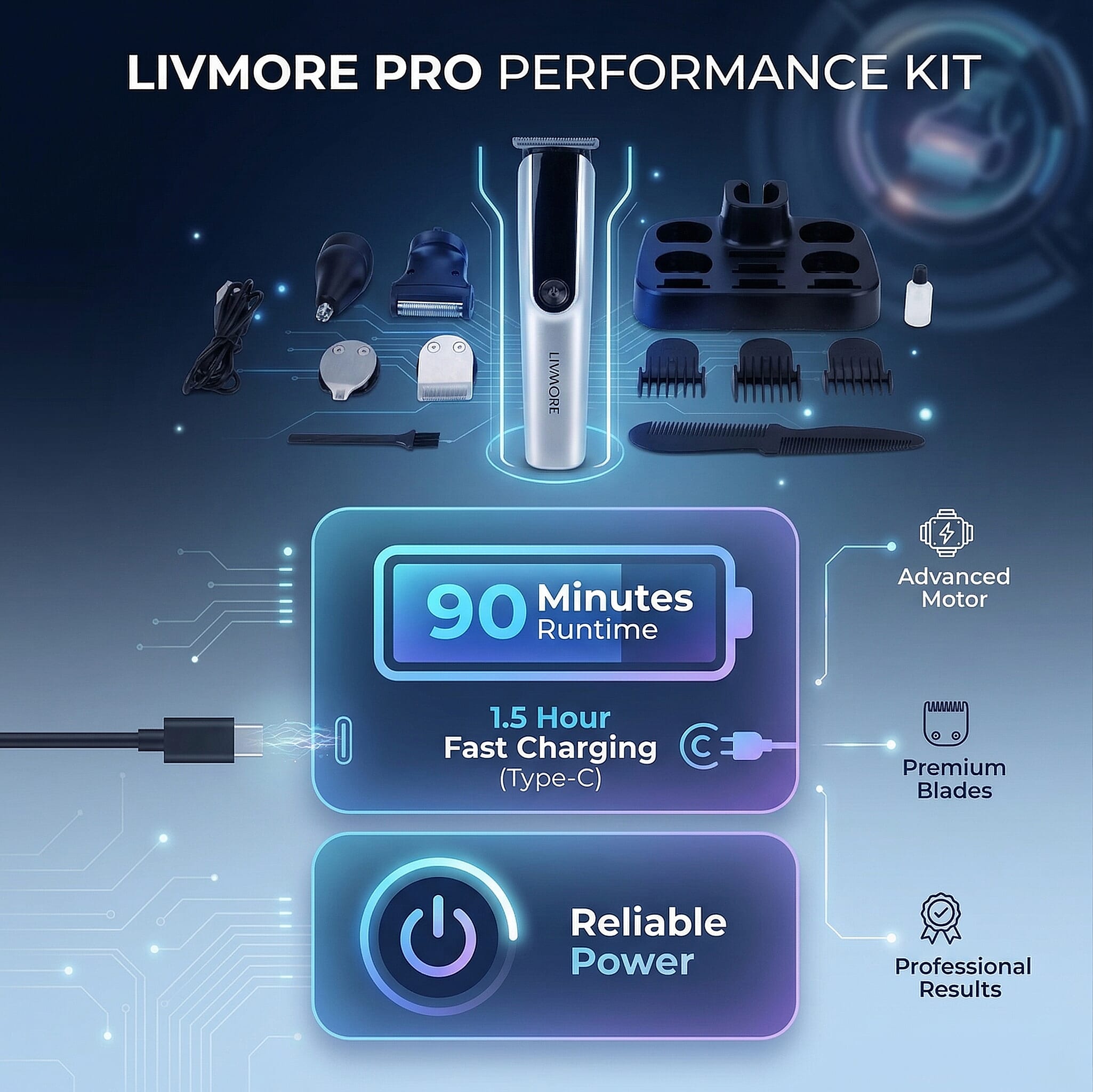 Livmore MS-806 5-in-1 Mens Grooming Kit - Professional Silver Cordless Hair Trimmer with LED Display, Rechargeable 90-Minute Lithium Battery Shaver