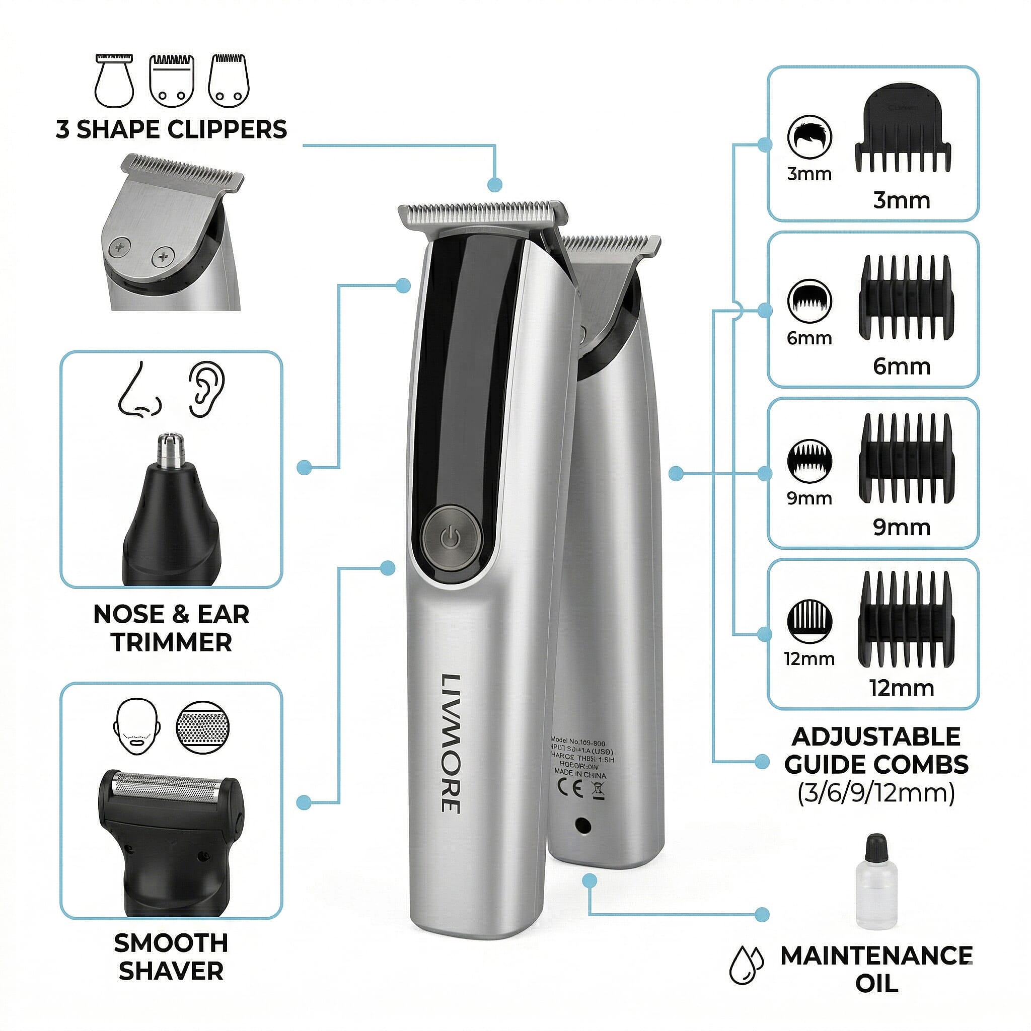 Livmore MS-806 5-in-1 Mens Grooming Kit - Professional Silver Cordless Hair Trimmer with LED Display, Rechargeable 90-Minute Lithium Battery Shaver