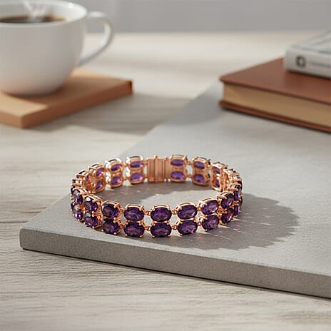 D'Joy AAA Uruguay Amethyst Bracelet (Size - 7) in Rose Gold Plated Sterling Silver 30.43 Ct, Silver Wt. 14.10 Gms