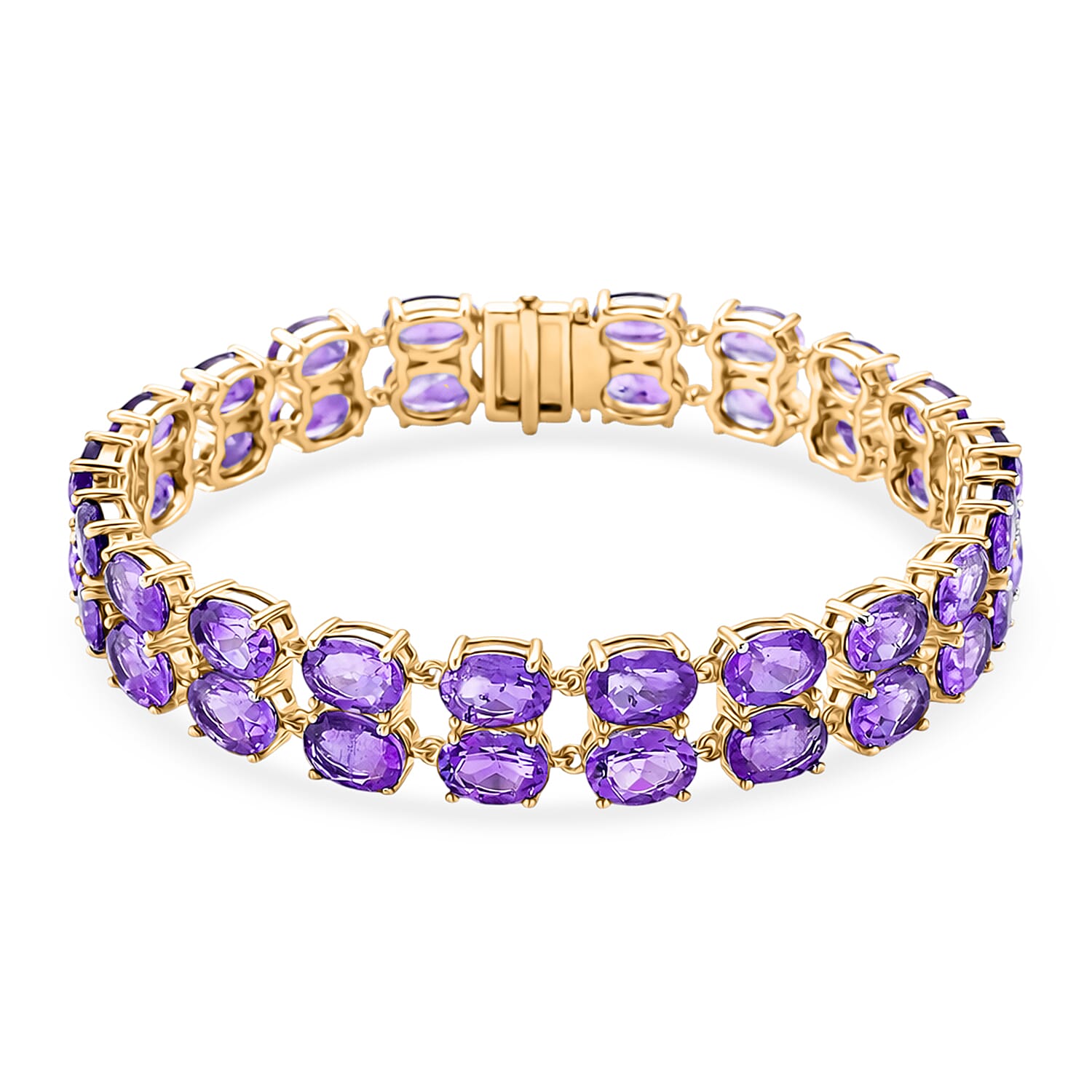 D'Joy AAA Uruguay Amethyst Dual Row Bracelet (Size - 7) in Yellow Gold Plated Sterling Silver 30.43 Ct, Silver Wt. 14.00 Gms