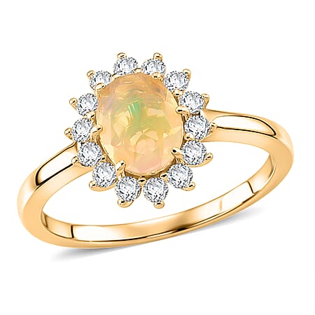 D'Joy Ethiopian Opal, Moissanite Sunburst Ring in Yellow Gold Plated Sterling Silver 1.28 Ct.