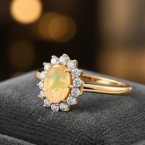 D'Joy Ethiopian Opal & Moissanite Sunburst Ring in Yellow Gold Plated Sterling Silver 1.28 Ct.
