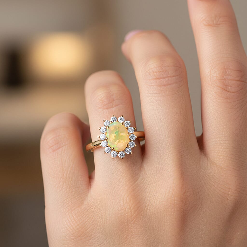 D'Joy Ethiopian Opal & Moissanite Sunburst Ring in Yellow Gold Plated Sterling Silver 1.28 Ct.