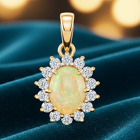 D'Joy Ethiopian Opal & Moissanite Sunburst Pendant in Yellow Plated Sterling Silver 1.28 Ct.