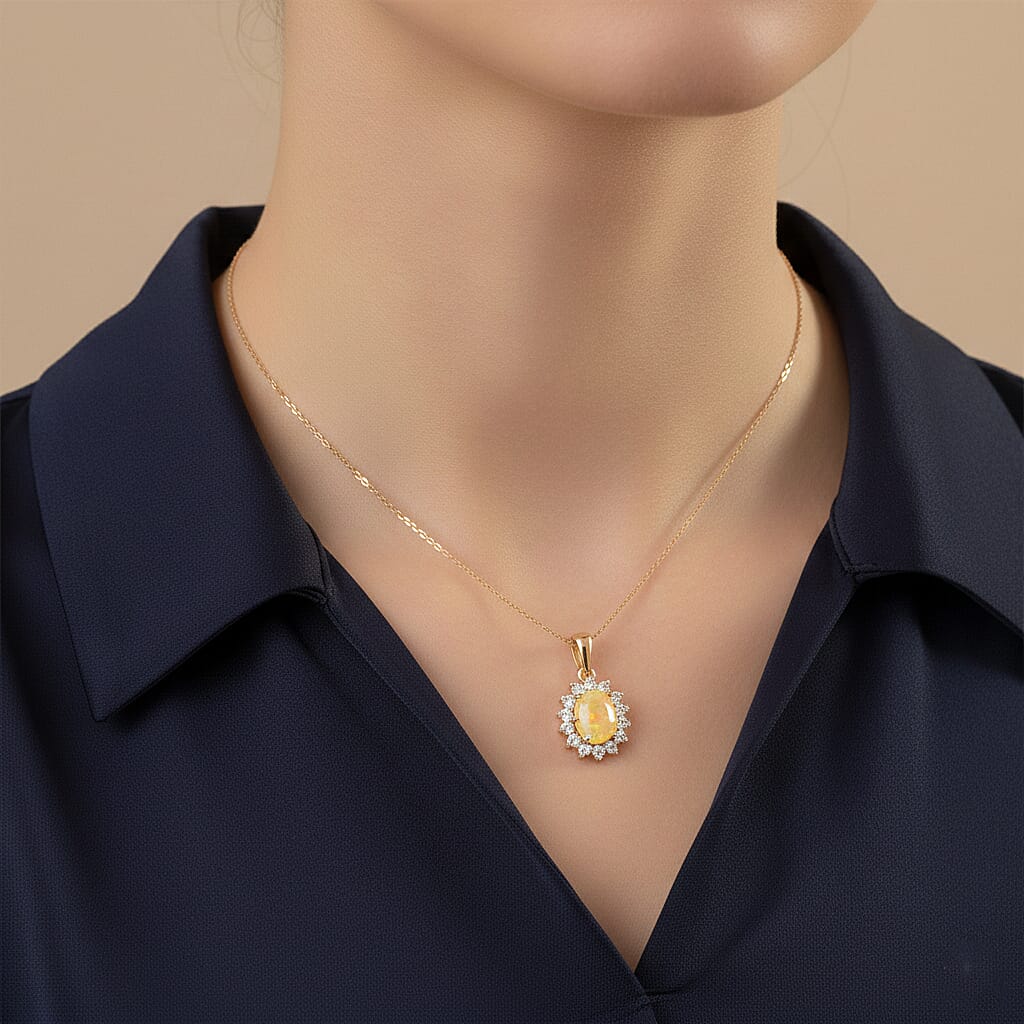 D'Joy Ethiopian Opal & Moissanite Sunburst Pendant in Yellow Plated Sterling Silver 1.28 Ct.