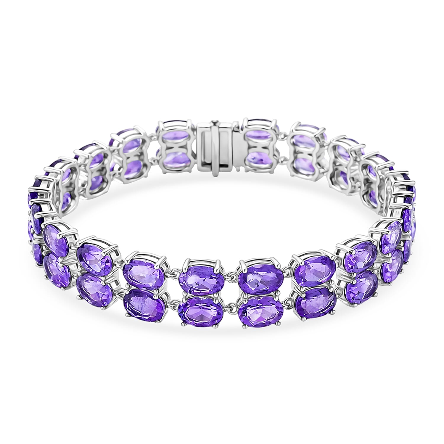 D'Joy AAA Uruguay Amethyst Bracelet (Size - 8) in Rhodium Overlay Sterling Silver 35.00 Ct, Silver Wt.15.87 Gms