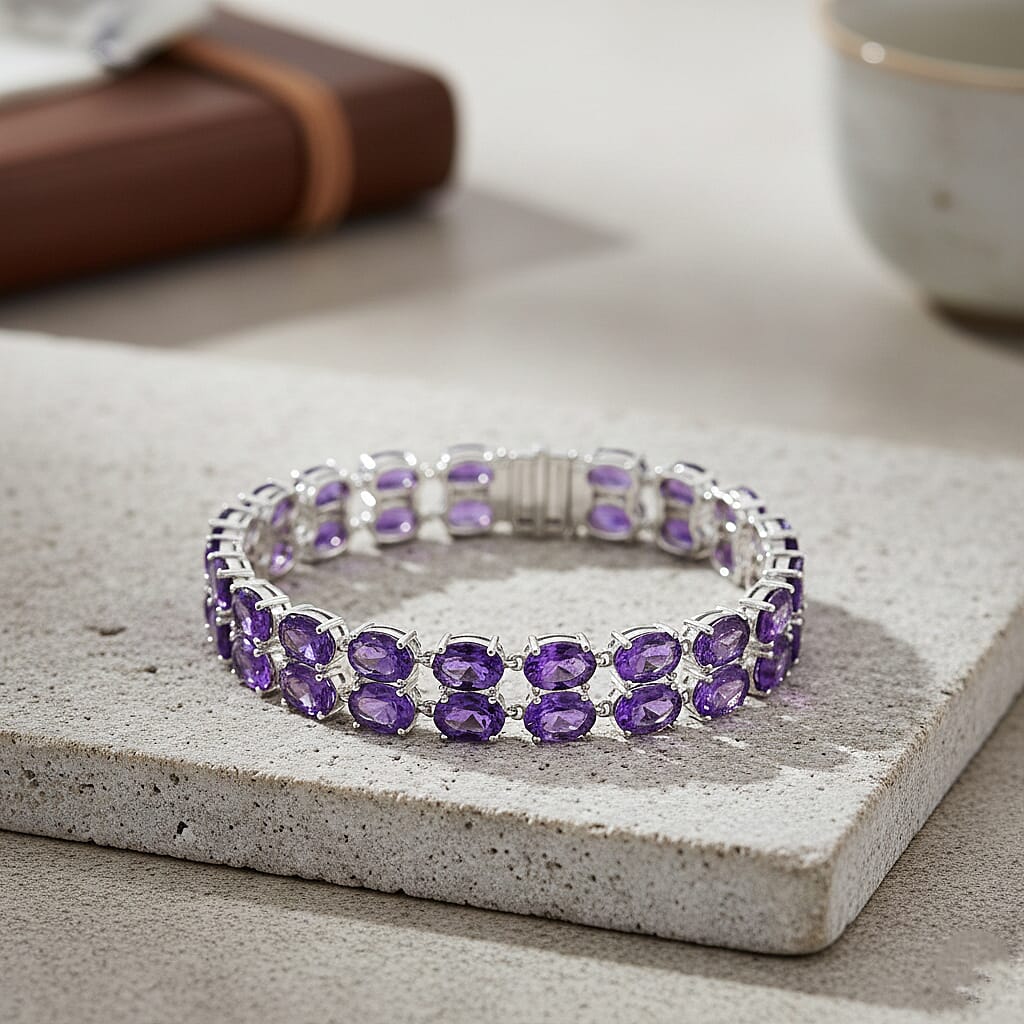D'Joy AAA Uruguay Amethyst Bracelet (Size - 8) in Rhodium Overlay Sterling Silver 35.00 Ct, Silver Wt.15.87 Gms