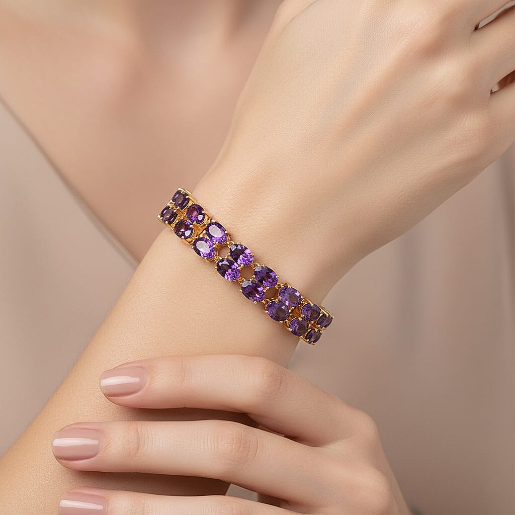 D'Joy AAA Uruguay Amethyst Bracelet (Size - 8) in Yellow Gold Plated Sterling Silver 35.08 Ct, Silver Wt. 15.80 Gms