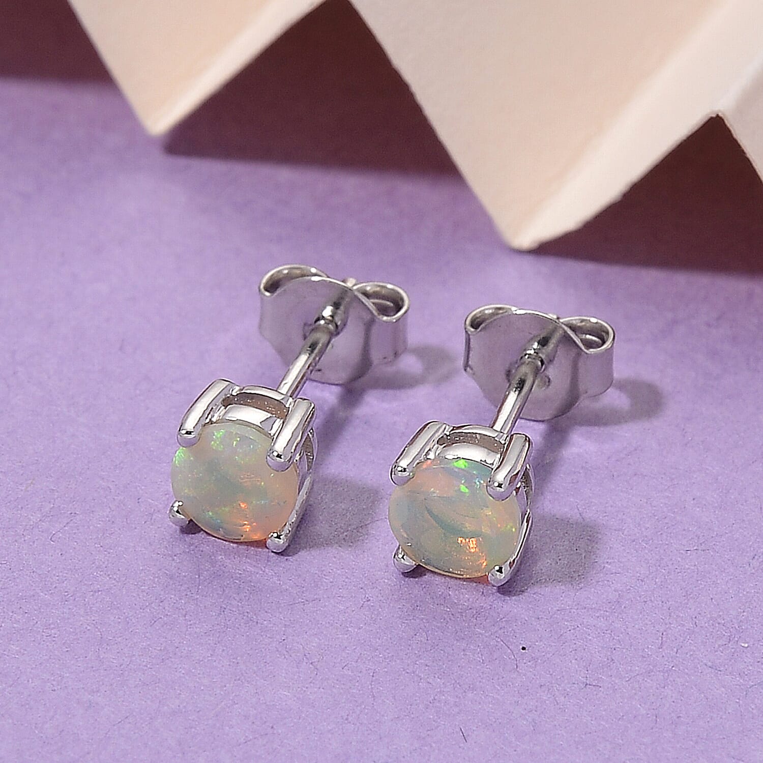 D'Joy Ethiopian Opal Solitaire Earring with Push Back in Rhodium Overlay Sterling Silver 1.00 Cts