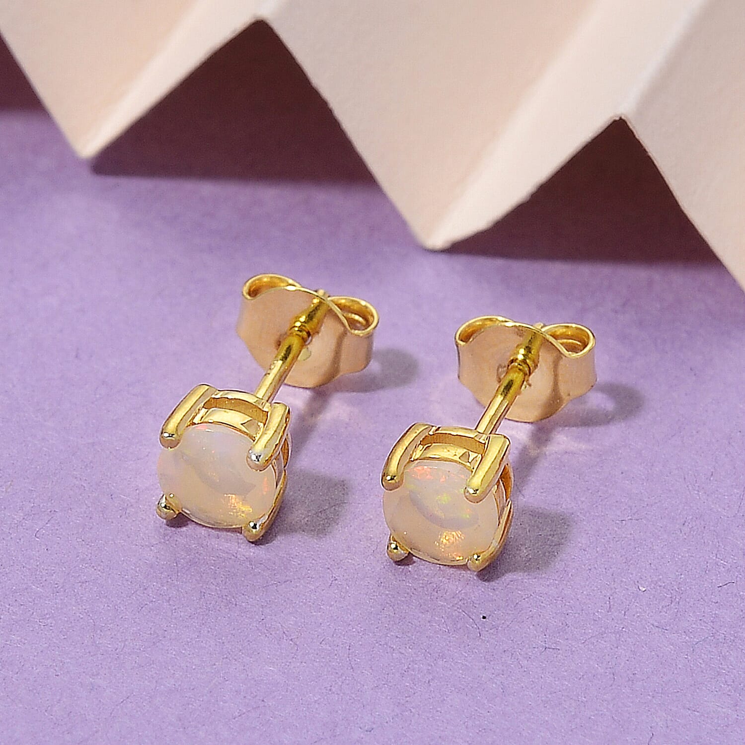 D'Joy Ethiopian Opal Solitaire Earring with Push Back in Yellow Gold Plated Sterling Silver 1.00 Cts