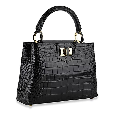 TJC 20TH ANNIVERSARY EXCLUSIVE La Marey Signature Genuine Leather Croc-Embossed Satchel Handbag - Black