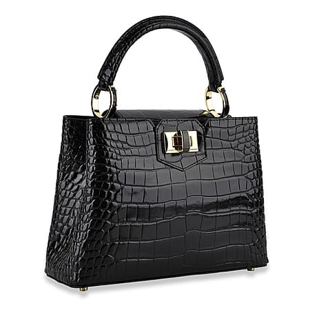 TJC 20TH ANNIVERSARY EXCLUSIVE La Marey Signature Genuine Leather Croc-Embossed Satchel Handbag - Black TJC 20TH ANNIVERSARY EXCLUSIVE La Marey Signature Genuine Leather Croc-Embossed Satchel Handbag - Black